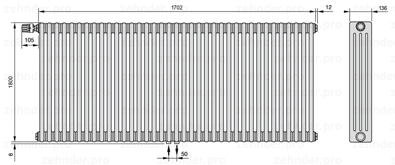 Схема (чертеж) Радиатор Zehnder Charleston 4180/37 №V007 Белый глянцевый RAL 9016